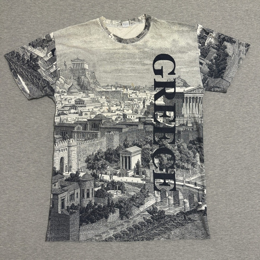 Vintage Ellas Greece All Over Print T Shirt Acropolis AOP Black White Mens XXL